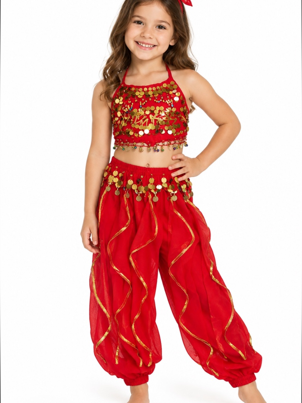 Kids Red Belly Dance Costume Set with Beads & Large Gold Sequins NWOT